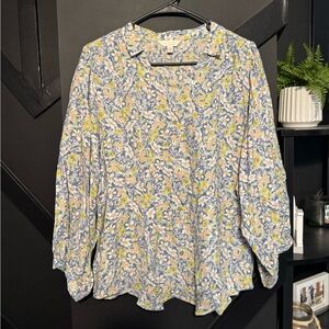 Lauren Conrad Yellow, White & Blue Floral V-Neck Blouse Long Sleeve Size XXL